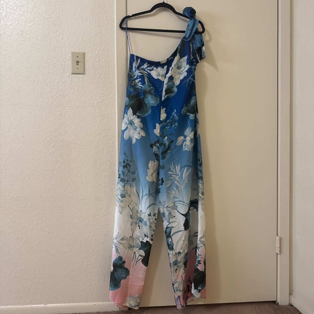 Zara Blue One Shoulder Floral Jumpsuit NWT Size L - Picture 5 of 7